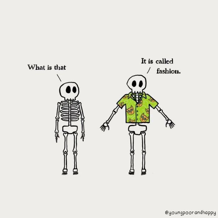 Two skeletons in conversation; one wears a colorful shirt, humorously illustrating minimalistic fashion.