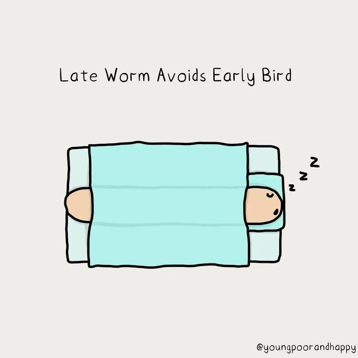 Funny minimalistic illustration of a worm sleeping in bed, avoiding the early bird.