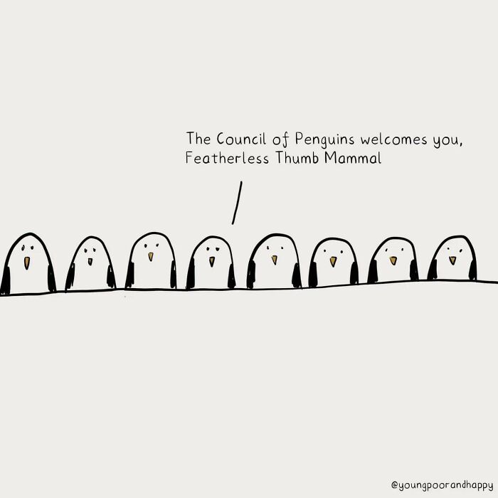 Minimalistic illustration by Dave Clamp featuring penguins welcoming a "Featherless Thumb Mammal."