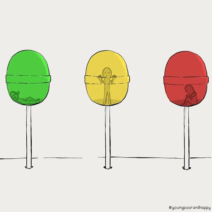 Minimalistic illustration by Dave Clamp showing green, yellow, and red people inside traffic lights.