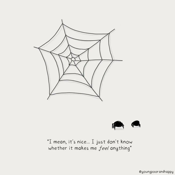 Minimalistic illustration of two spiders discussing feelings about a web.