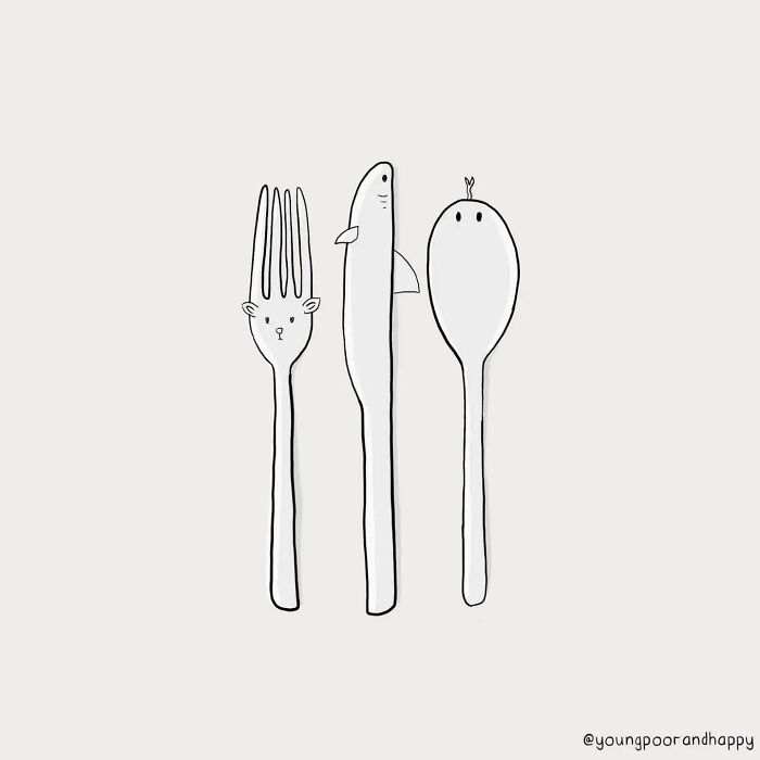 Funny minimalistic illustration of a fork with a cat face, a knife as a shark, and a spoon with a simple face.