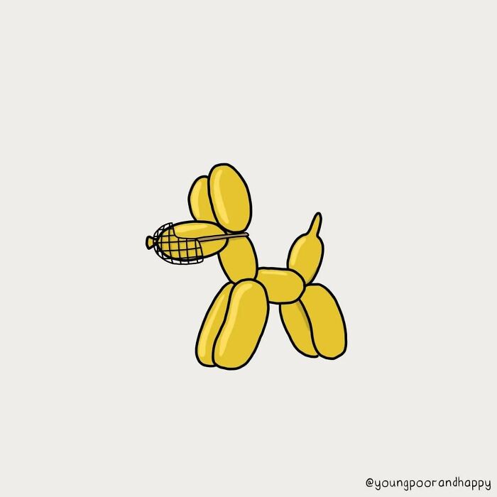 Minimalistic illustration of a yellow balloon dog with a muzzle, designed humorously by Dave Clamp.