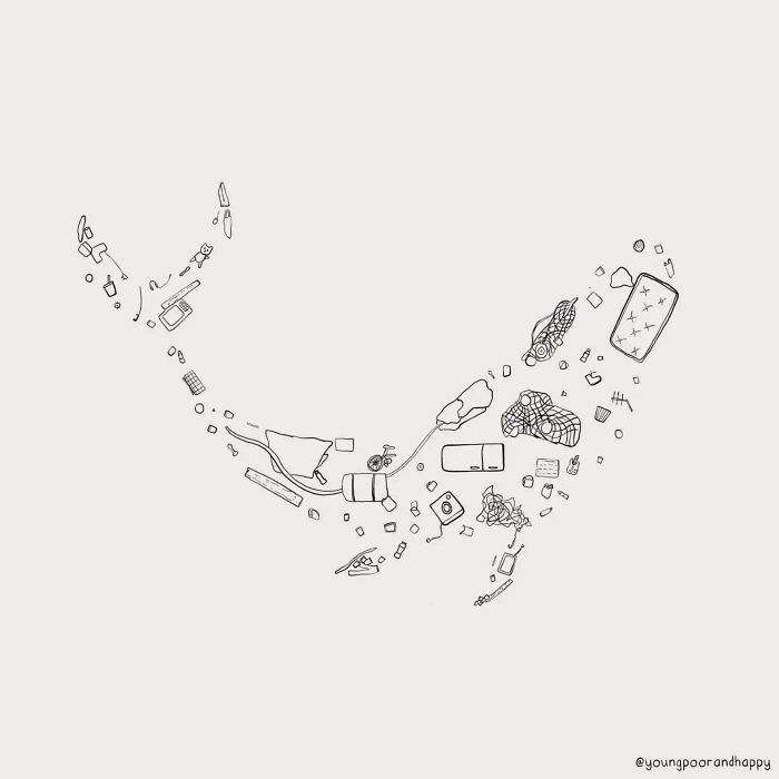 Minimalistic illustration by Dave Clamp depicting a smile made from everyday objects.