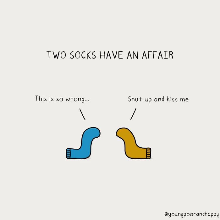 Funny minimalistic illustration of two socks engaging in humorous dialogue.