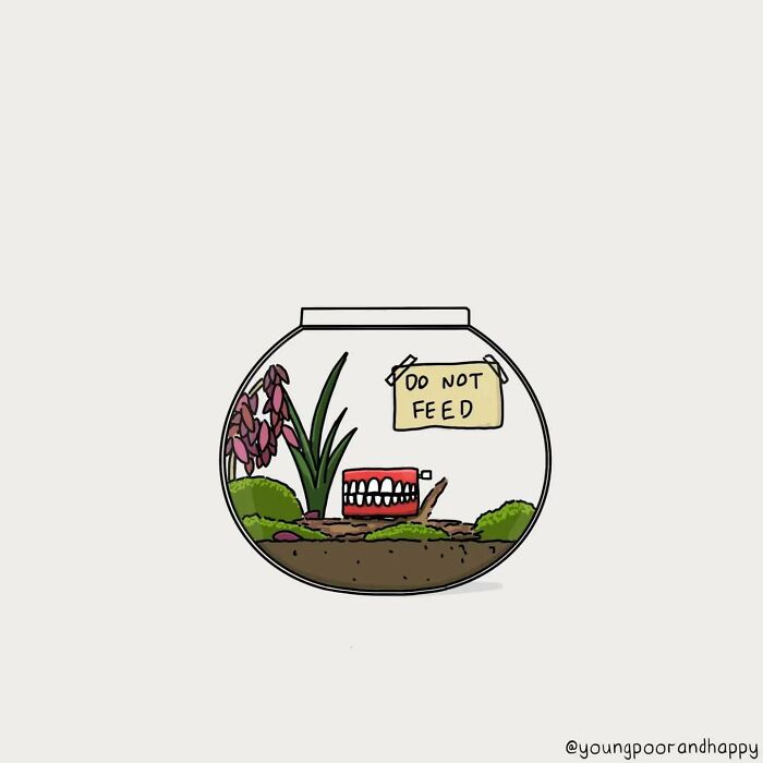 Funny minimalistic illustration of a terrarium with chattering teeth and a "Do Not Feed" sign.