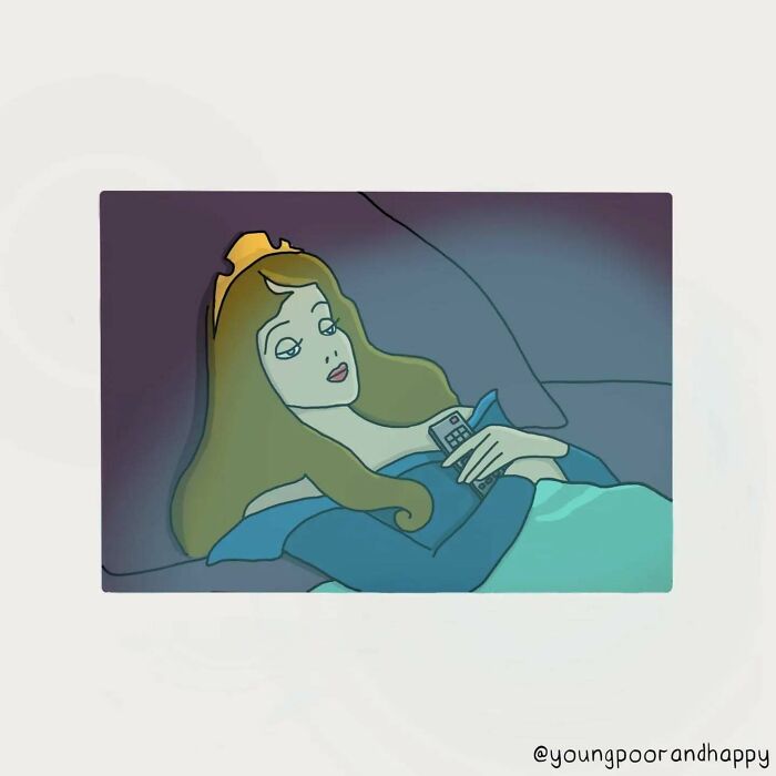 Funny minimalistic illustration of a woman with a crown, lounging with a remote control.