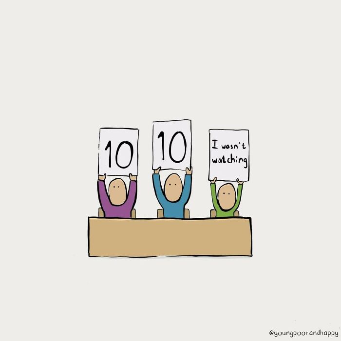 Funny minimalistic illustration of three judges, two holding "10" signs, the third reading "I wasn't watching."