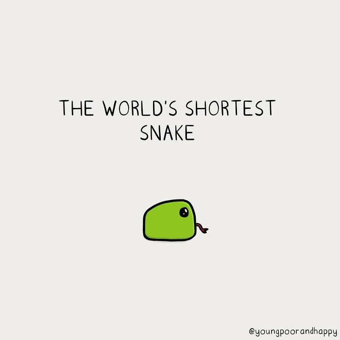 Minimalistic illustration of a tiny green snake, humorously labeled "The World's Shortest Snake" by Dave Clamp.