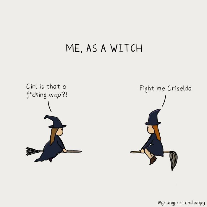 Funny minimalistic illustration by Dave Clamp of two witches on a broom and mop, with humorous dialogue.