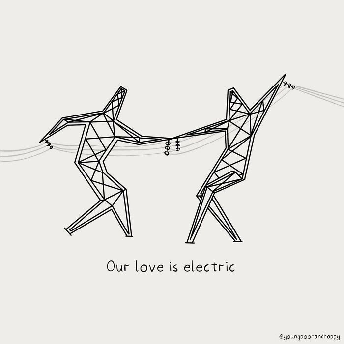 Minimalistic illustration by Dave Clamp showing two geometric figures connected by electric lines.