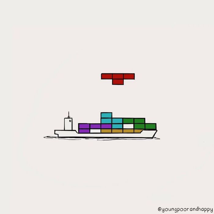 Illustration of a ship with colorful Tetris blocks, showcasing a funny minimalistic design by Dave Clamp.