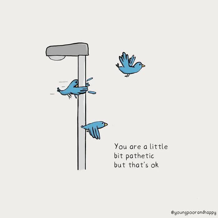 Minimalistic illustration of a bird struggling to fly, with a humorous touch, by Dave Clamp.