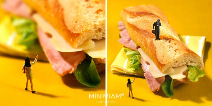 Miniature figures on a sandwich represent the creative duo's tiny world of foods and things.