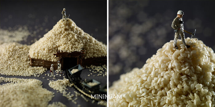 Miniatures of people in rice landscape by creative duo, depicting tiny world of foods and things.