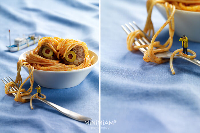 Miniatures of people with spaghetti on forks, capturing the tiny world of foods concept creatively.