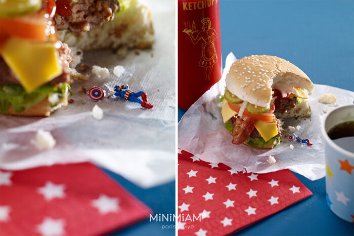 Miniatures of a superhero and hamburger, illustrating the tiny world of foods and things, created by a creative duo.