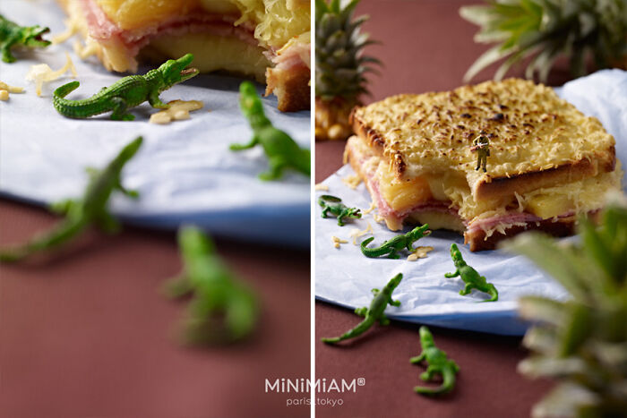 Miniature scene with toy alligators around a sandwich, showcasing the tiny world of foods creatively.