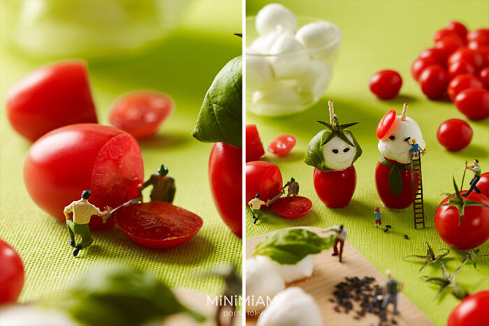 Miniature figures crafting with tiny tomatoes and mozzarella, showcasing creative food artistry on a vibrant background.