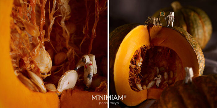 Miniature astronauts exploring a pumpkin interior, part of a series by a creative duo.