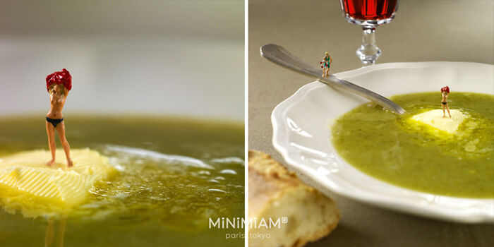 Miniatures of tiny figures on butter in soup, showcasing creative food art by a duo.