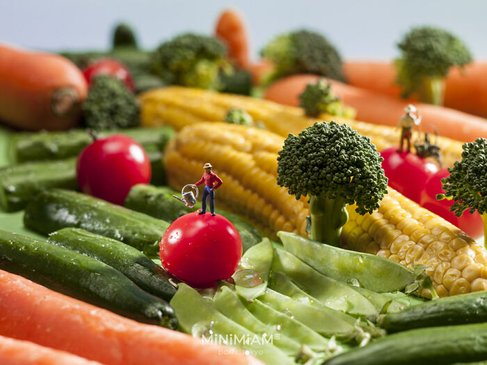 Miniature figures on vegetables, including broccoli and corn, create a tiny world of foods.