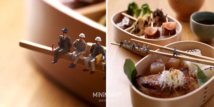 Miniatures of people sitting on chopsticks above bento boxes, showcasing creative tiny world foods and things.