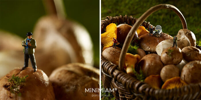 Miniature figures on mushrooms and in a basket, showcasing creative tiny worlds of foods and things.