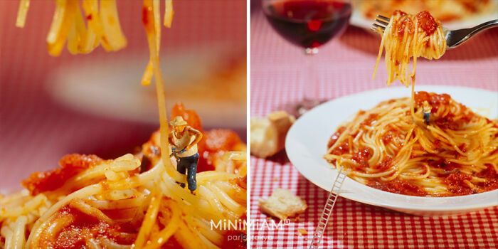 Miniature figure climbing spaghetti on a plate, showcasing the tiny world of foods creativity.