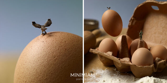 Miniatures of tiny figures on eggshells, showcasing creative miniature art in a kitchen setting.