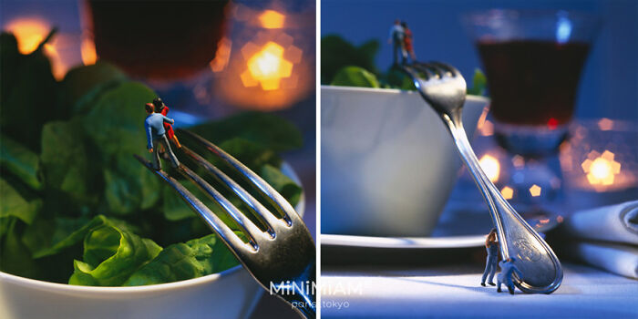 Miniature figures on a fork with salad, part of a creative duo's tiny world of foods and things.