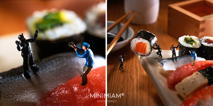 Miniatures depicting tiny figures interacting with sushi, showcasing creative small-scale food art.