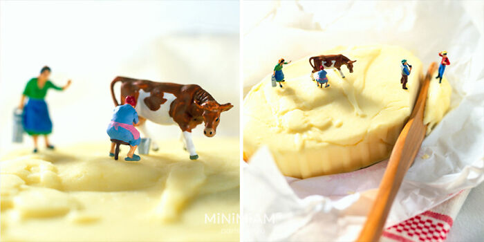 Miniature figures with a cow on butter, showcasing creative tiny world food art.