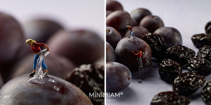 Miniature figures watering tiny plums and prunes, showcasing creative food art from a Paris-Tokyo duo.