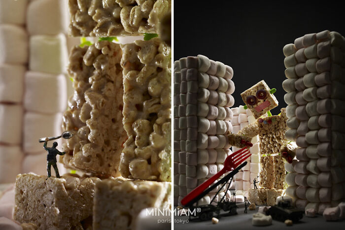 Miniature world of foods with tiny figures among rice treats and marshmallows, showcasing creative miniature art.