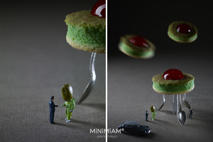 Miniature figures next to tiny green desserts with spoons, created by a creative duo in the tiny world of foods.