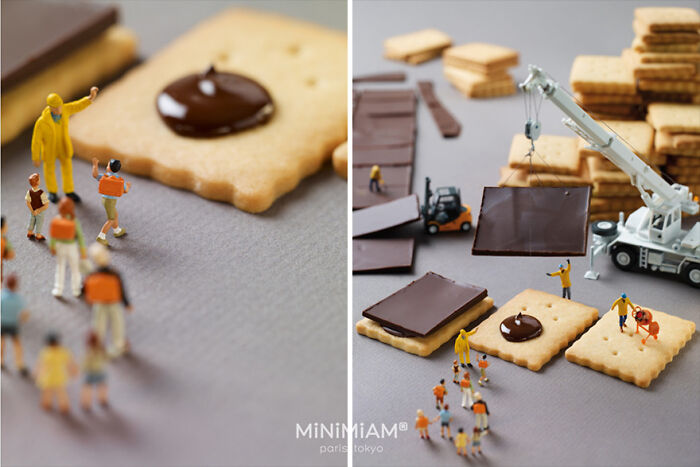 Miniature figures assembling chocolate on biscuits, showcasing creative tiny world of foods and things.