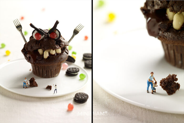 Miniature figures interacting with a chocolate cupcake monster, showcasing creative tiny world of foods and things.