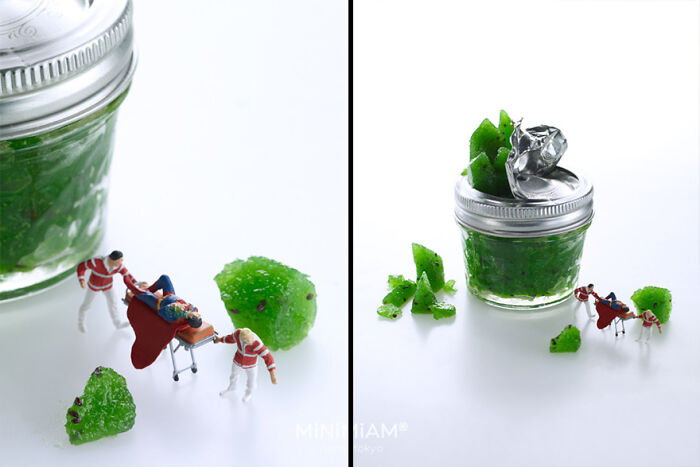 Miniatures of figures next to a jar with green food, showcasing the creative duo's tiny world of foods and things.