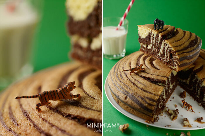 Miniature tigers on a zebra-striped cake with milk, showcasing creative food miniatures.