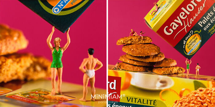 Miniatures of people lift pasta and stand by stacked cookies in a creative tiny world food scene.