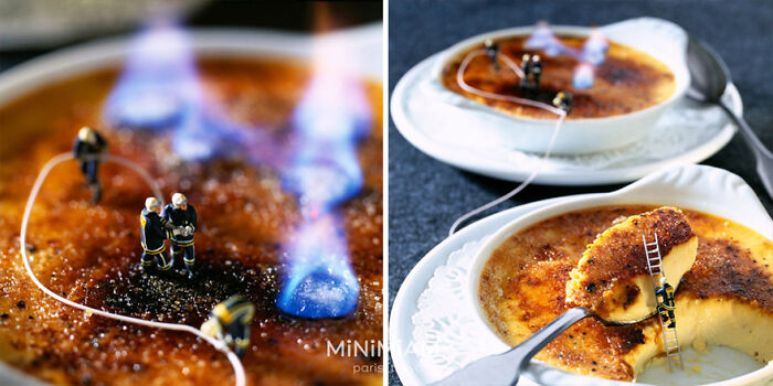 Miniature figures as firefighters on crème brûlée, creating a tiny world of foods and things.