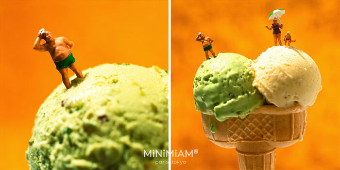 Miniatures of people on ice cream scoops, depicting a tiny world of foods and things in creative scenes.