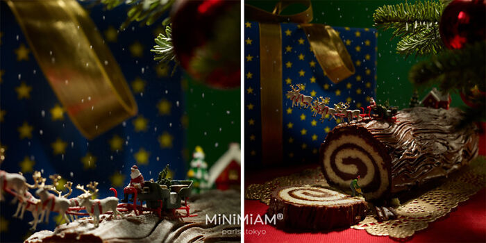 Miniature Santa and reindeer on a yule log next to a gift box, depicting the tiny world of foods and things.