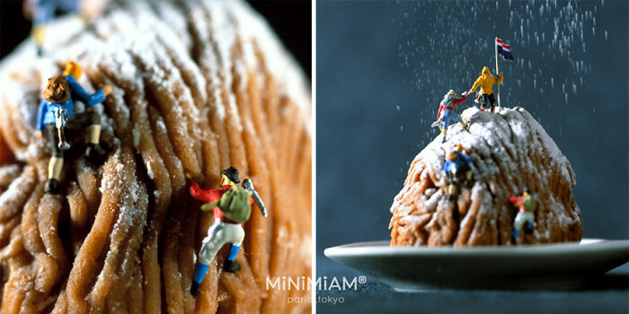 Miniature climbers ascending a dessert mountain, part of the creative duo's tiny world of foods.