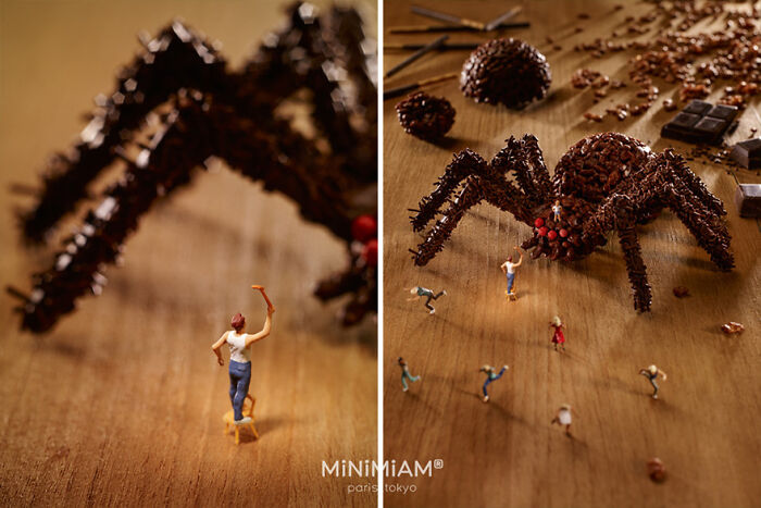 Miniatures of people and a large spider made from food, showcasing creativity in the tiny world of foods and things.