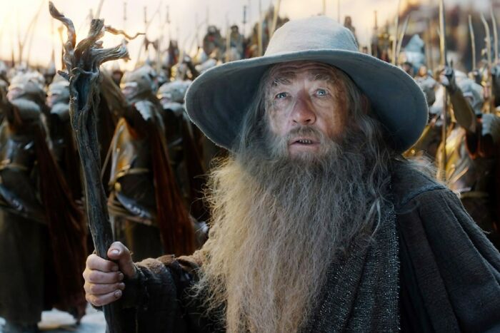 A bearded wizard in a grey cloak with an army behind him, sparking fascinating fan theories about his true motivations.