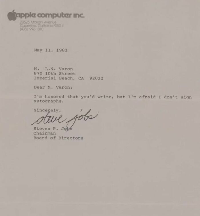 Letter from a tech executive declining a signature, dated 1983, on Apple letterhead. Rare everyday facts.