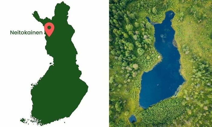 Map of Neitokainen in Finland beside an aerial view of a lake shaped like Finland, showcasing rare everyday facts.