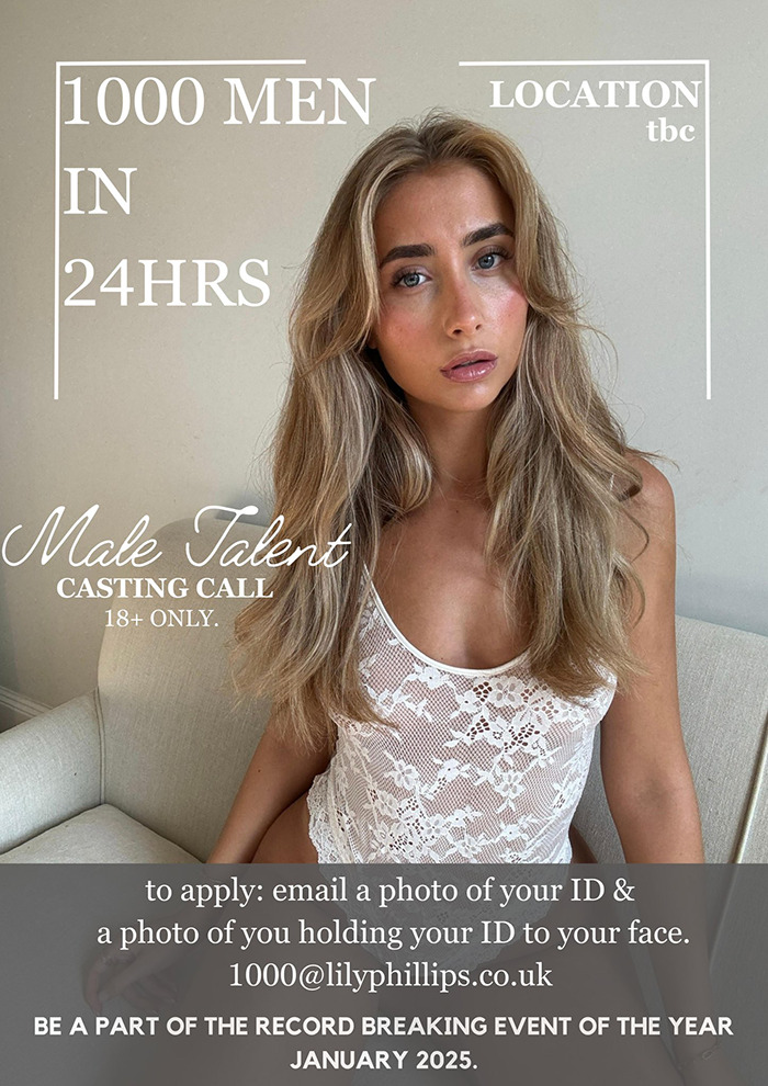 Model Lily Phillips in white lace top with long hair, casting call details for male talent on image.